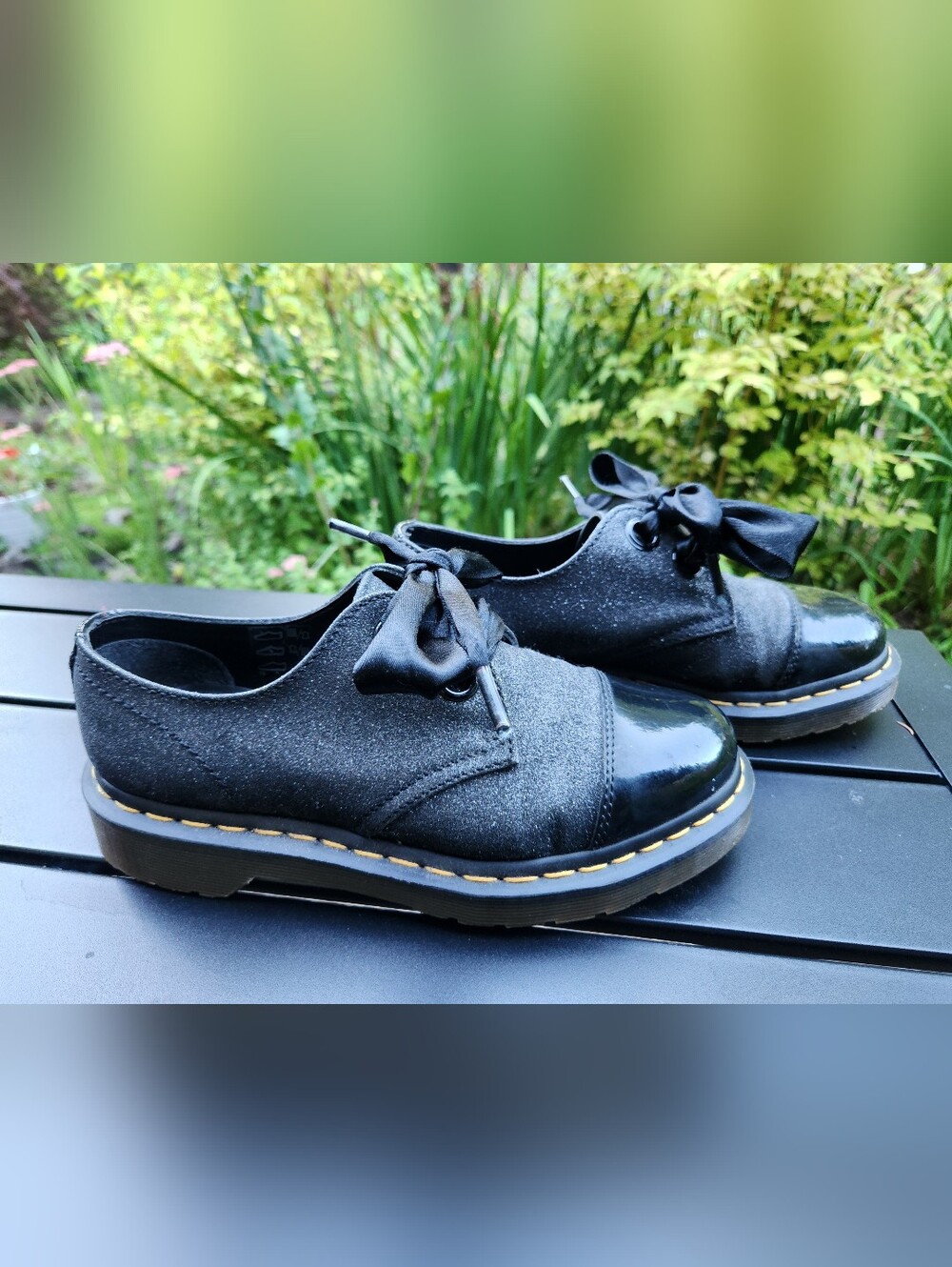 Dr. Martens Black Glitter Lace-Up Oxford Shoes with Patent Cap Toe